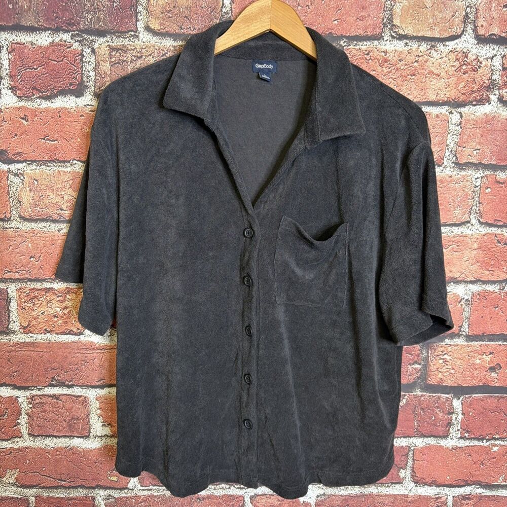 Gap Shirt Womens L Gray Terry Collared Short Sleeve Button Front Cropped Top